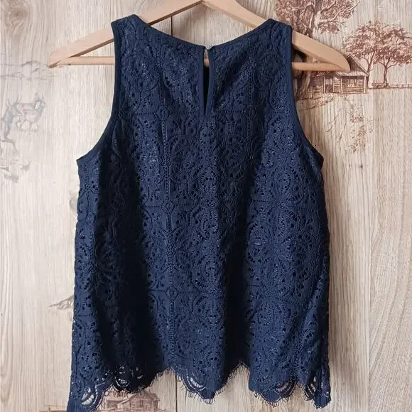 Loft Lace Overlay Tank Top Blouse Navy Blue Size XS - Picture 4 of 8